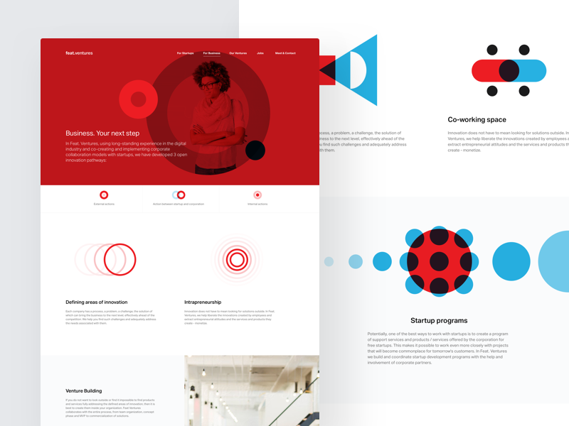 Feat Ventures – Business website landing page shapes clean whitespace white blue red cards