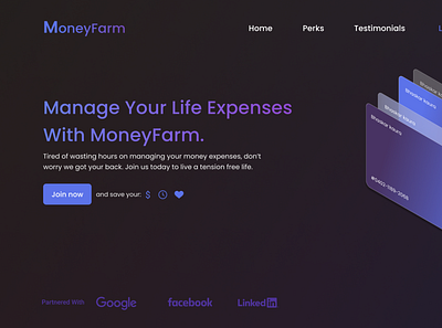 MoneyFarm Glassmorphism UI UX Landing Page black credit design figma ui ux