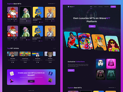 WaveNFT - NFT Marketplace Landing Page Design 3d black dark design figma graphic design illustration landingpage nft ui ux website