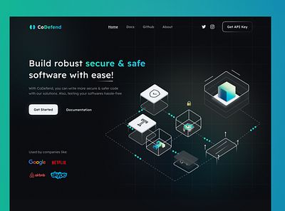 CoDefend - Code Security & Testing Landing Page Design darkmode design figma graphic design illustration landingpage ui ux website