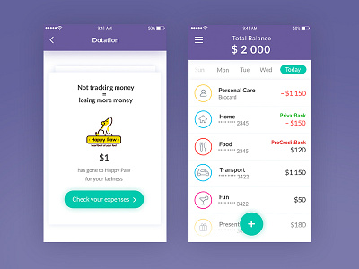 Moneytor App. No tracking = less money. app balance banking charity dotation icons ios material money tracking ui ux