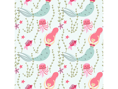 Mermaid seamless pattern baby childish illustration kids mermaid octopus pattern print seamless vector