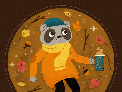 Day 2, Raccoon Peachtober 20 autumn character coffee cute design digital digital illustration fall illustration october raccoon robin sheldon