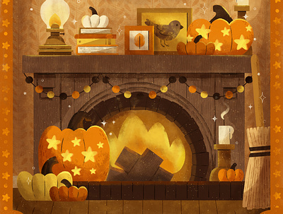 Burn, Peachtober 2020 autumn cottage cottagecore cute design digital digital illustration fall fireplace halloween house illustration pumpkin robin sheldon scene