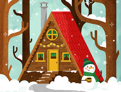 Cozy Cabin in Winter Forest cabin character christmas cute design digital digital illustration house illustration merry christmas robin sheldon snow snowman winter