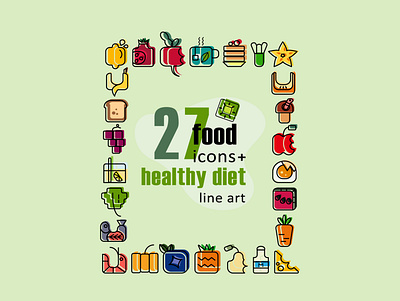 27 healthy diet food icons in lineart app app icons branding design food icon graphic design icon icons icons design illustration typography ui ux vector web design