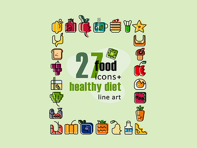 27 healthy diet food icons in lineart