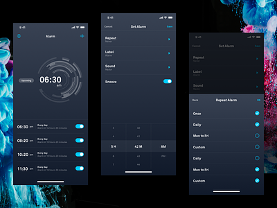Alarm App alarm app concept dark drawer iphonex product settings time timer ui ux