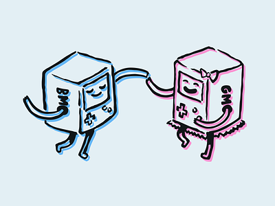 Adventure Time Illustration: BMO & GMO adventure time blue bmo couple couple dancing dancing drawing finn and jake gmo illustration ink inking pink vector