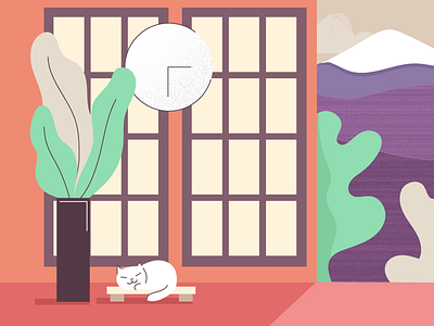 pur pur pur animal cat clock fuji happy illustration japan kitty mountain plant sleepy warm