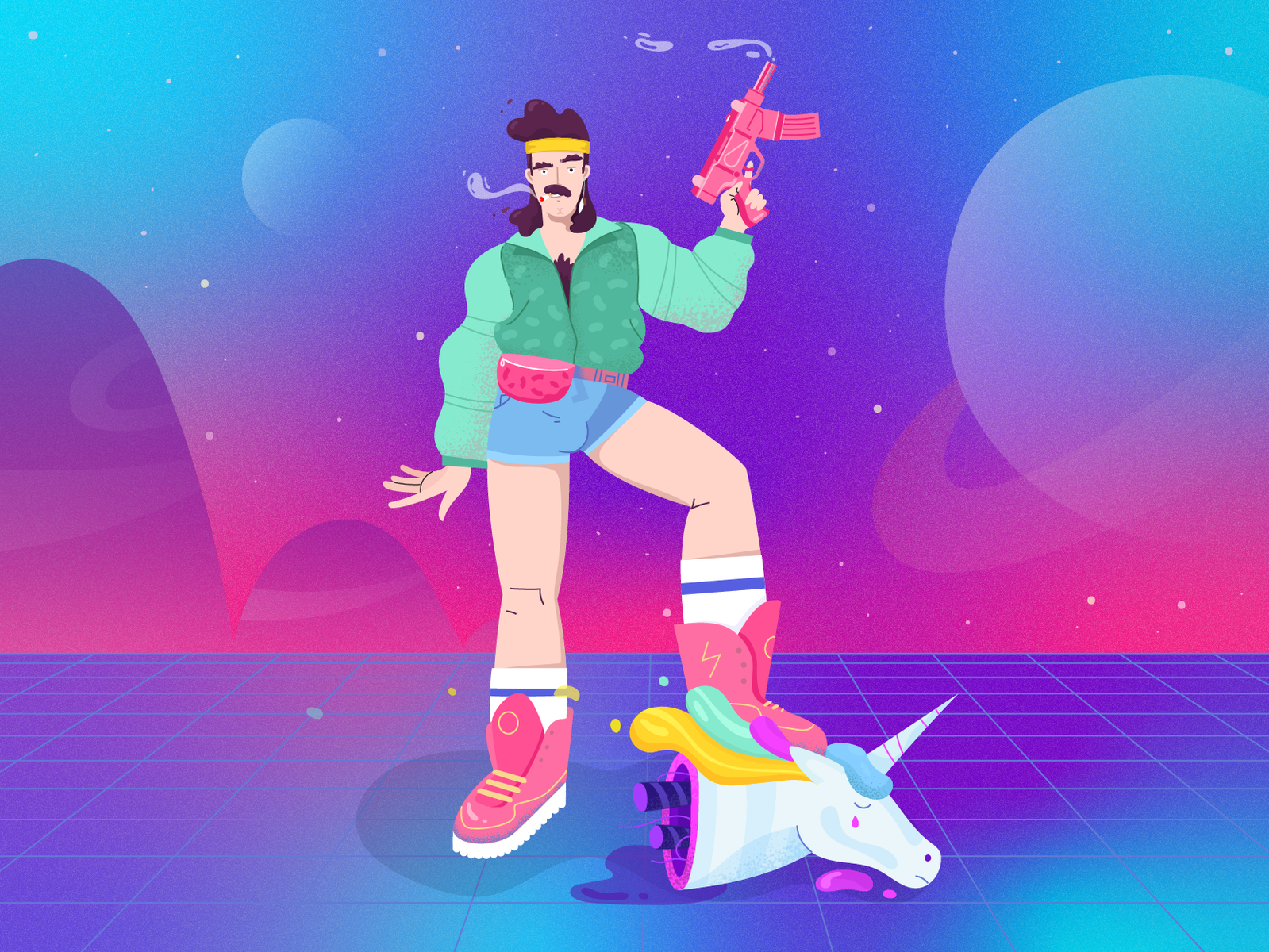 Master of disaster 80s style character fireart fireart studio gun head illustration robot shorts space unicorn vector