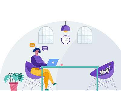 Woman sitting on chair working on table illustration business cat chair char character design flat illustration office work plants table working working woman workspace