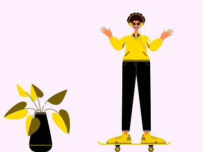 Boy with headphones standing on skateboard character design flat boy flat illustration headphones shoes skateboard yellow