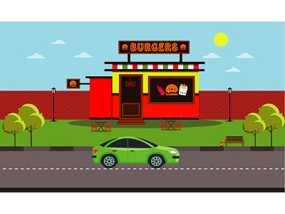 Burger Shop illustration bench burger car chair fast food flat fries restuarant road sky sun table tree wall
