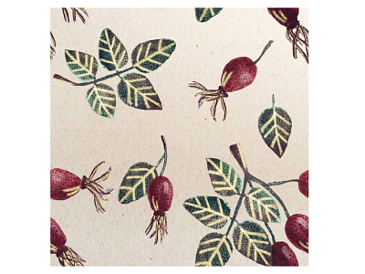 Watercolor pattern with rosehip berries