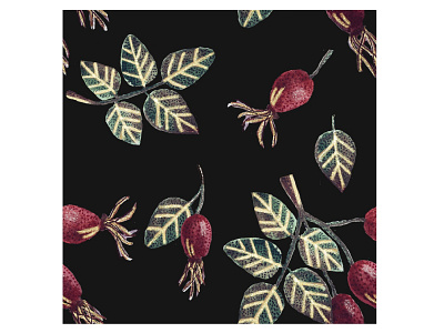 Watercolor pattern with rosehip berries