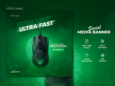 Gaming Mouse Banner | Social Media Post Design banner ad branding design facebook post gaming mouse graphic design instagram ad instagram post mouse mouse banner poster design product banner razer mouse social media banner story design template