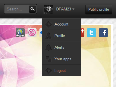 Drop down menu button drop down gradient grey icons menu navigation profile search top bar ui