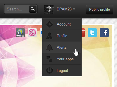 Drop down menu 2 button drop down gradient grey hover icons menu navigation profile search top bar ui