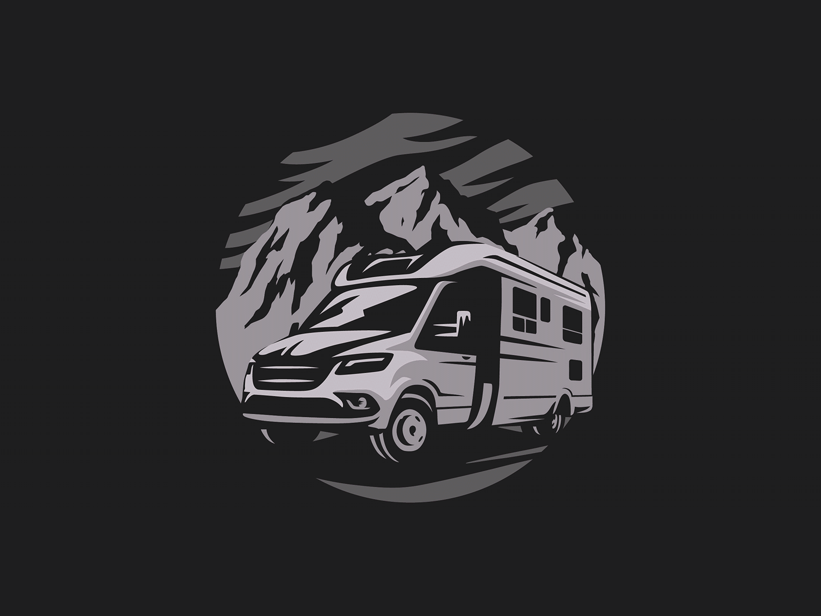 RV motorhome badges badge camping car design gif illustration leasure logo monochrome motorhome mountains outdoor recreational rv simple van vector vehicle vocation