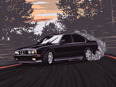 Sunset e34 bmw car classic design e34 illustration m5 old oldschool retro vector