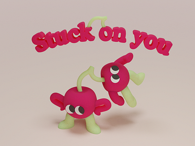 Stuck on you blender blender3d character cherries cherry fruit green pink red