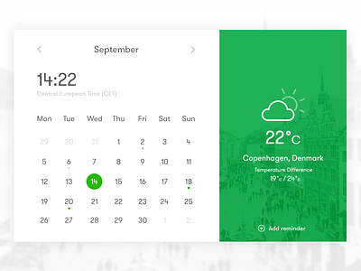 Calendar widget app calendar city clock copenhagen date green time ui ux weather widget