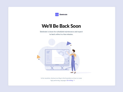 Maintenance Page & Illustration 404 404 error background blue character character design code dashboard error illustration landing laptop maintenance maintenance page shadow shapes sleeknote ui ux