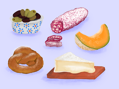 Charcuterie brie cantelope charcuterie cheese collage food hand drawn illustration olives pretzel procreate
