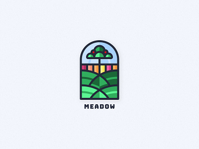 Meadow Badge apple badge branding clean crest design environment field flowers hills illustration logo meadow nature orchard outdoors simple stained glass tree wilderness
