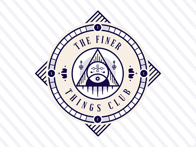 The Finer Things Club Team Emblem badge branding clean club compass crest crown design eye icons illuminati illustration key pipe simple wine