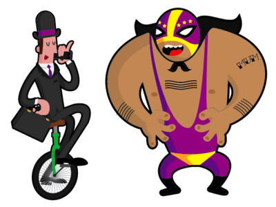 Characters for personal project briefcase businessman illustration luciador unicycle wrestler