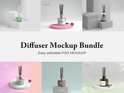 Home Aroma Diffuser Mockup Bundle 3d air aroma bottle bottle mockup branding bundle design diffuser flower fresh home label mockup modeling packaging product