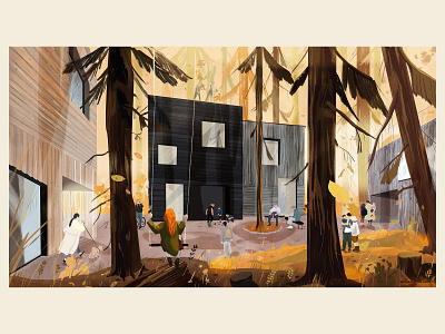 Forest modern village architecture presentation architecture visualization autumn design digital digital drawing digital illustration forest houses illustration living moder trees