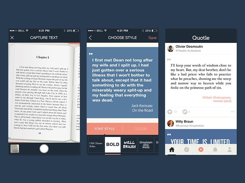 Quotle screens fonts feed social network book text mobile app ios