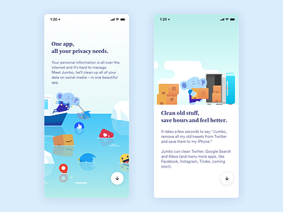 Jumbo Privacy On Boarding screens (part2) amazon app character elephant illustration instagram ios like mobile onboarding privacy safe socials twitter walk through