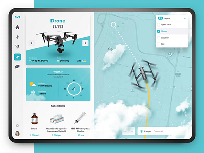 Drone Delivery Tracking animation app battery cards drone dropdown dropshadow filter flight gps ipad map navigation position route sidebar slider ui ux weather