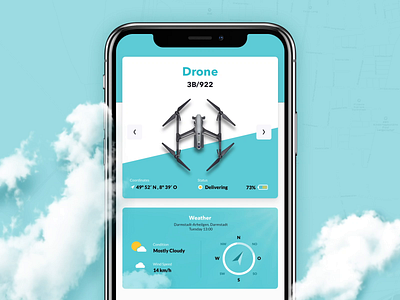 Drone Delivery Tracking – iPhone App animation app battery cards drone dropdown dropshadow filter flights gps iphone navigation position route ui ux weather