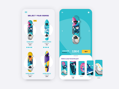 What you can do with Liquid – Vol. 8 – UXSD Boards app boards cards cells cta dropshadow filter illustration longboard organic select shop shop app skateboard ux ui