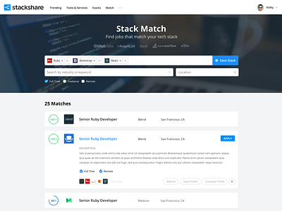 Stack Match - Job Board dashboard design job match react stacks tools