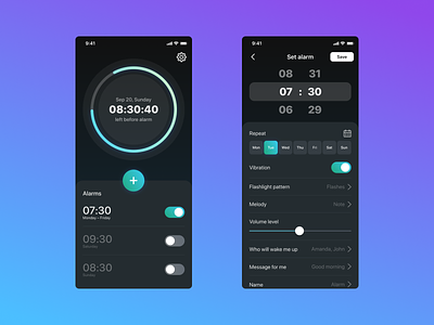 Alarm Clock Dark Theme app daily design gradient ui uxui