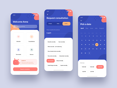 Medical Booking App Concept app appointment blue clean colorful consultation covid covid-19 doctor flat friendly health ios iphone medical mobile pandemic ui ux virus