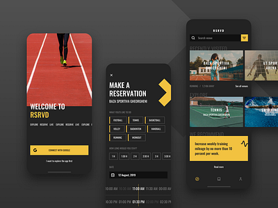 RSRVD - Find sports venues in your area app browse clean cluj dark dark mode dark ui feed flat hackathon ios iphone mobile picker recommendation reservation signup sport ui ux