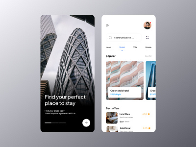 hotel booking - Find your perfect place to stay app best best shot black booking dark design gray hotel hotel booking mobile number one tower ui uiux