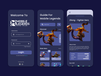 Game Guide App - UI Design (Dark Mode) dark mode game guide mobile app ui design