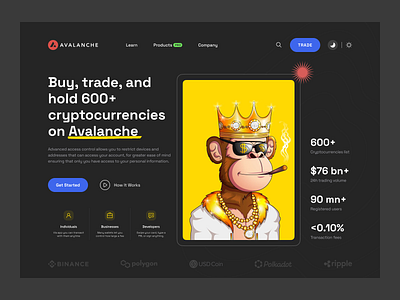 Cryptocurrency UI Concept - Avalanche bitcoin component concept cryptocurrency darkmode dashboard design design system desktop inspiration landing page main page nft token ui uiconcept userinterface ux uxui webdesign