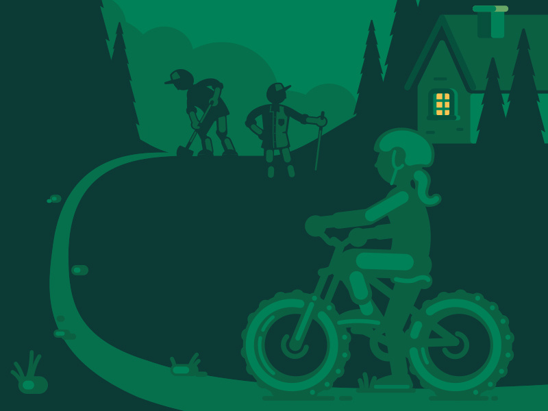 GROC campaign shovel builders singletrack bicycle bicyclist cyclist mountain biker trail park trees outdoors lodge cabin house mountain bike vector illustration