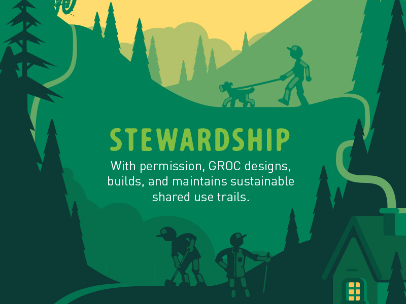 GROC Campaign builders shovel cabin park lodge chimney house clouds trail dog walking dog outdoors trees mountains mountain bike vector illustration