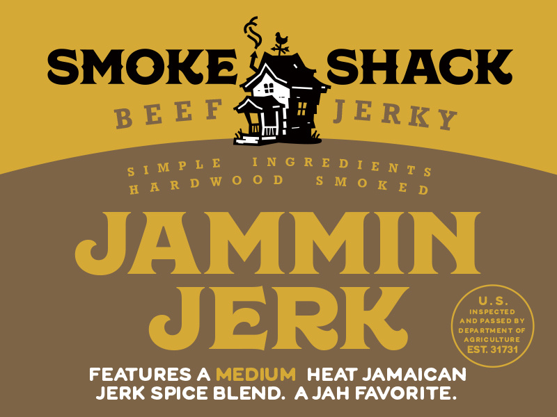 SmokeShack JamminJerk house smoked logo beef jerky shack smoke package design packaging branding