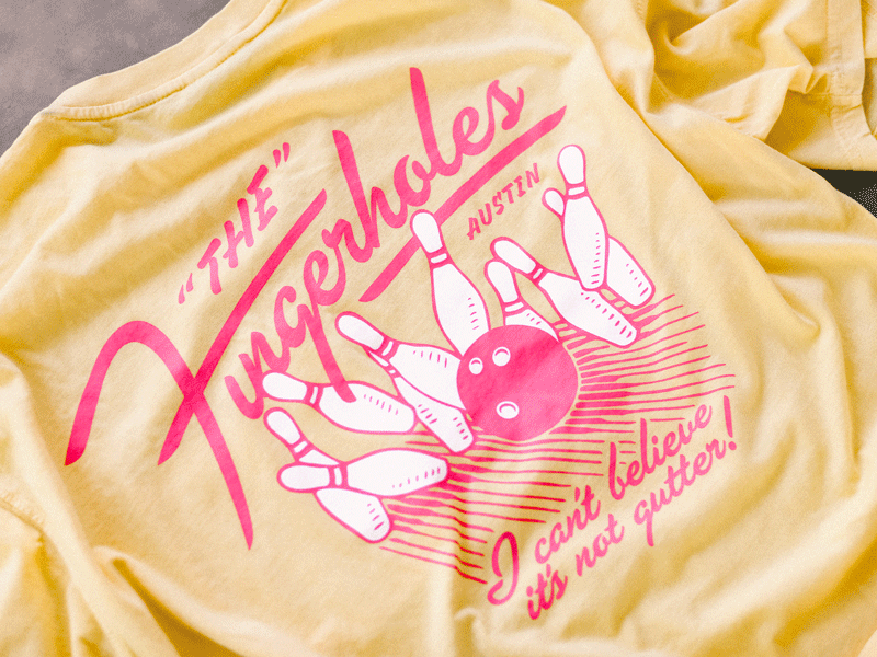 The Fingerholes bowling merch pink pins script shirt